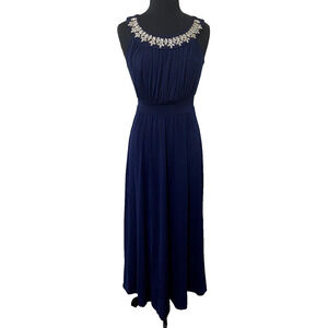 Sandiva Maxi Dress Womens Small S Navy Jeweled Embellished Neckline Formal Gown